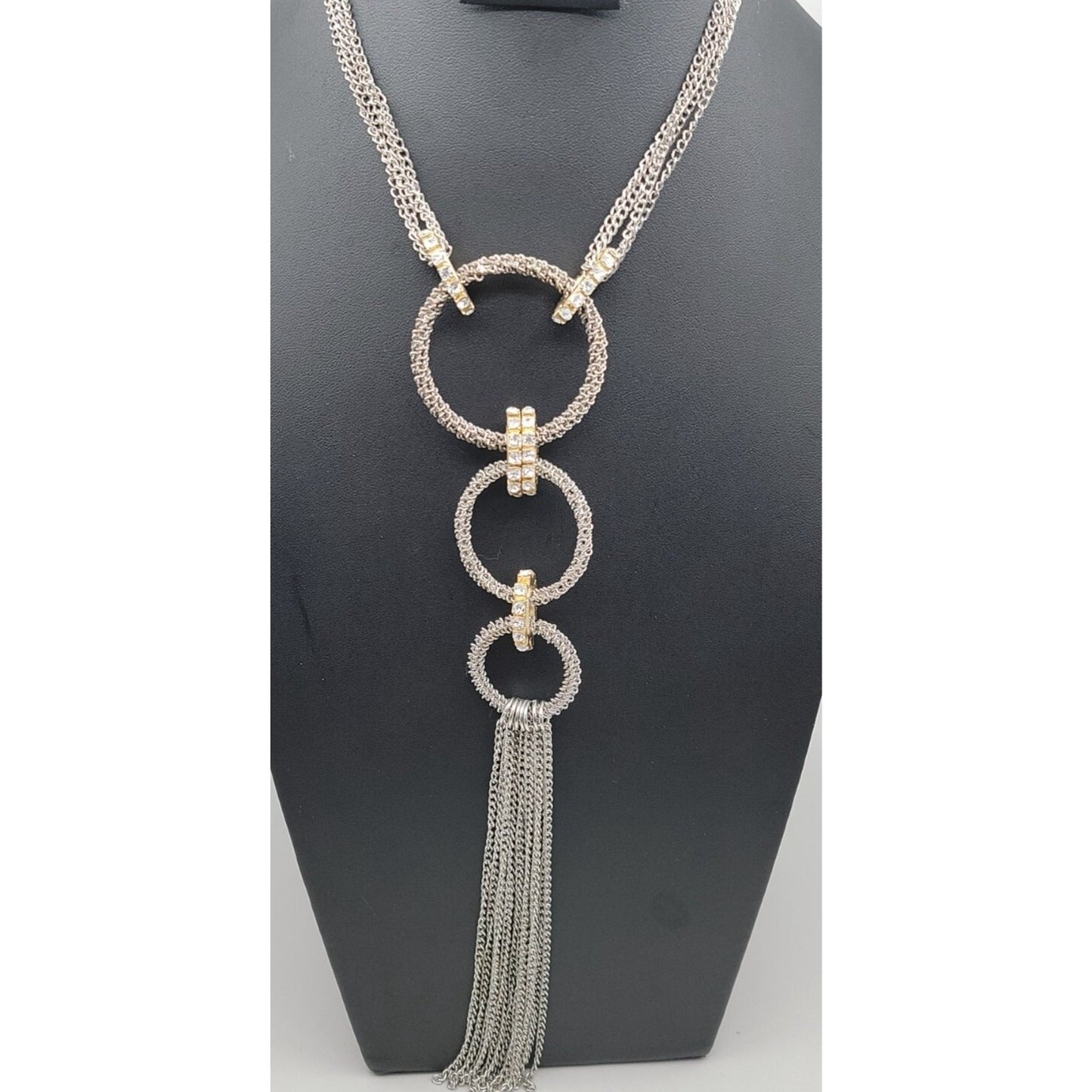 Traci Lynn Interlocking Ring Statement Tassel Necklace Silver Tone 24" Vintage