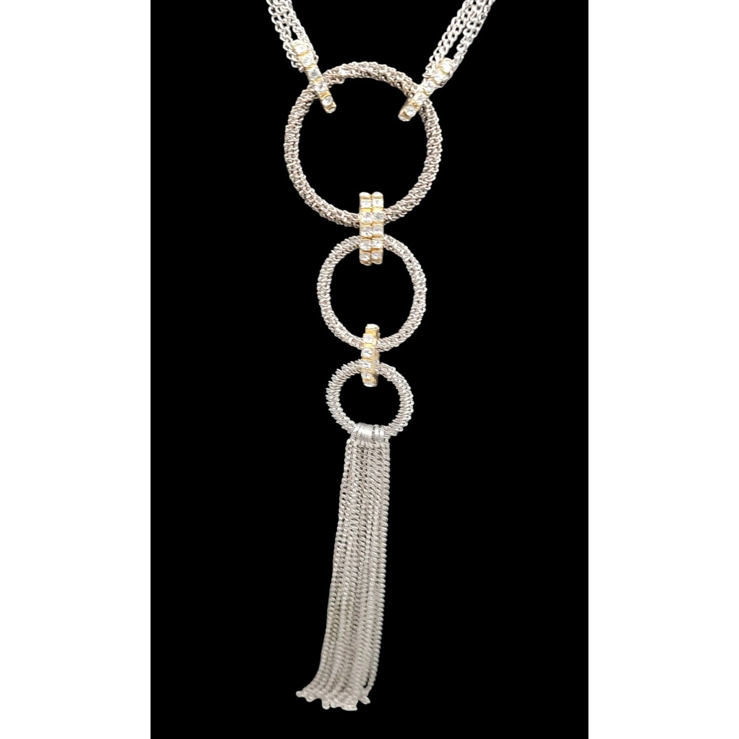 Traci Lynn Interlocking Ring Statement Tassel Necklace Silver Tone 24" Vintage