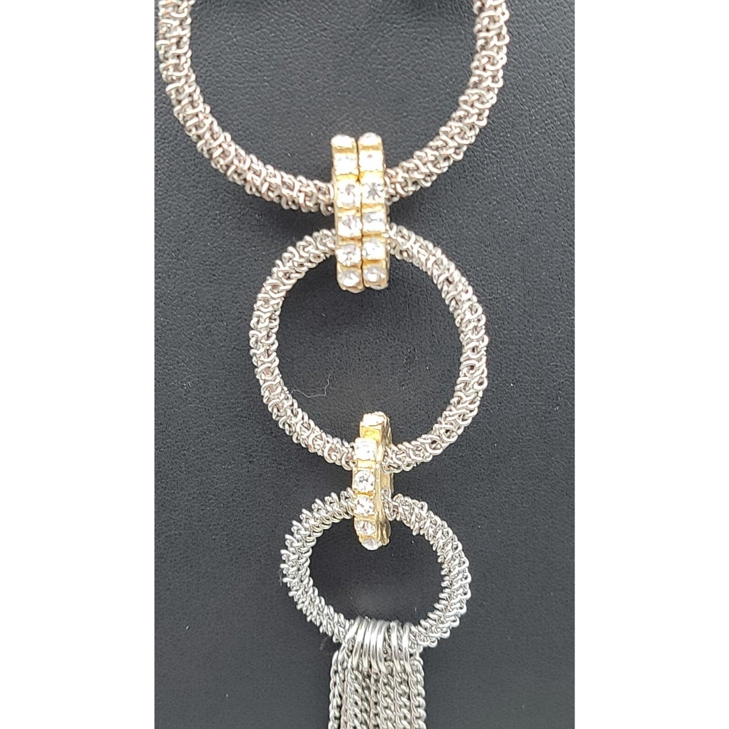 Traci Lynn Interlocking Ring Statement Tassel Necklace Silver Tone 24" Vintage