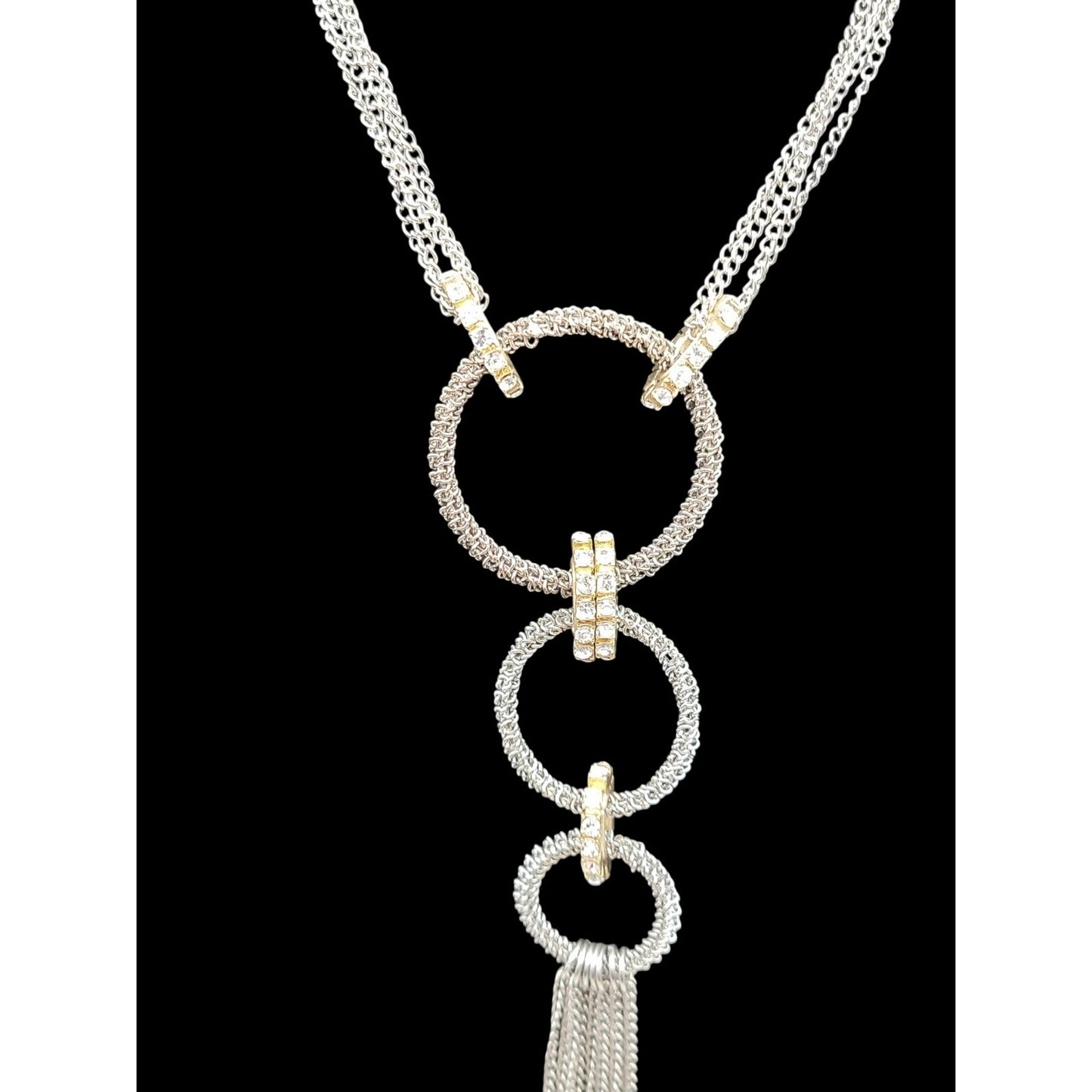 Traci Lynn Interlocking Ring Statement Tassel Necklace Silver Tone 24" Vintage