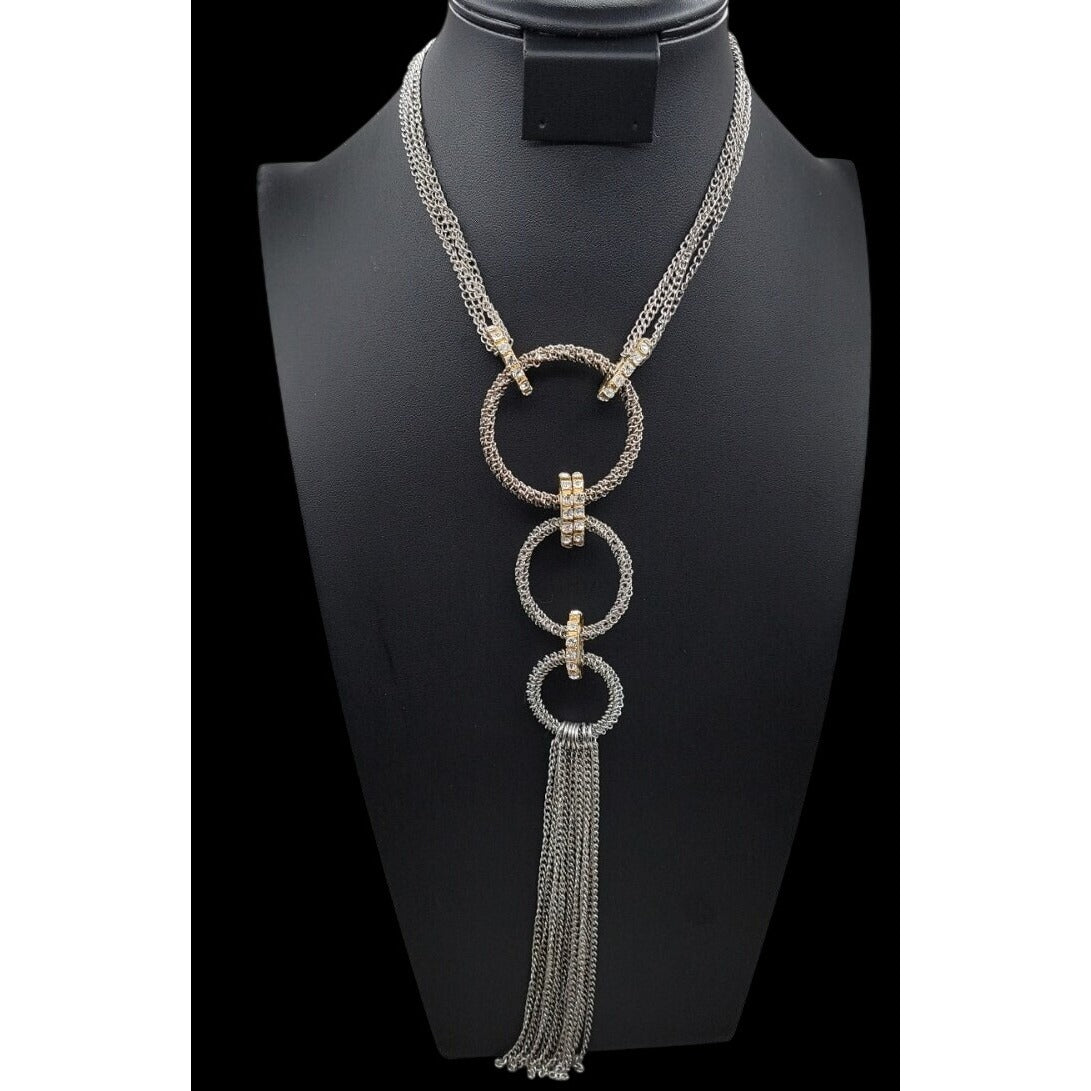 Traci Lynn Interlocking Ring Statement Tassel Necklace Silver Tone 24" Vintage