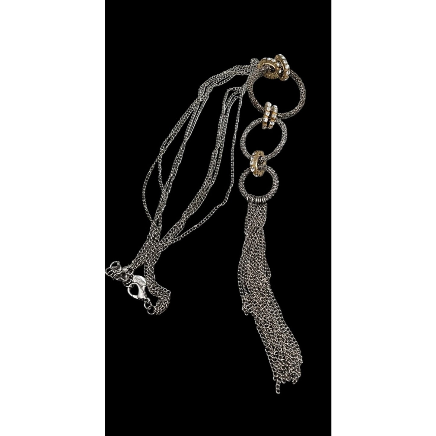 Traci Lynn Interlocking Ring Statement Tassel Necklace Silver Tone 24" Vintage