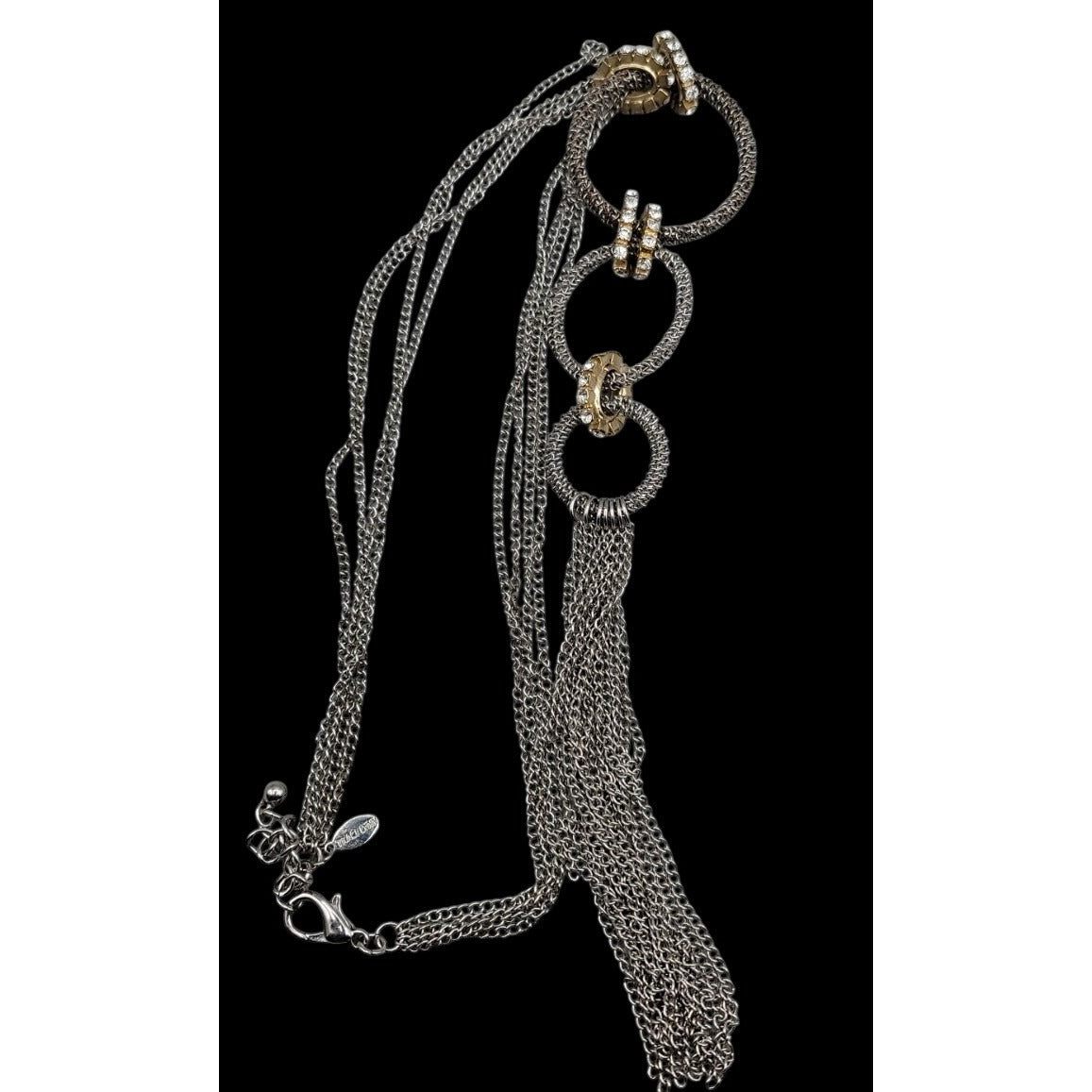 Traci Lynn Interlocking Ring Statement Tassel Necklace Silver Tone 24" Vintage