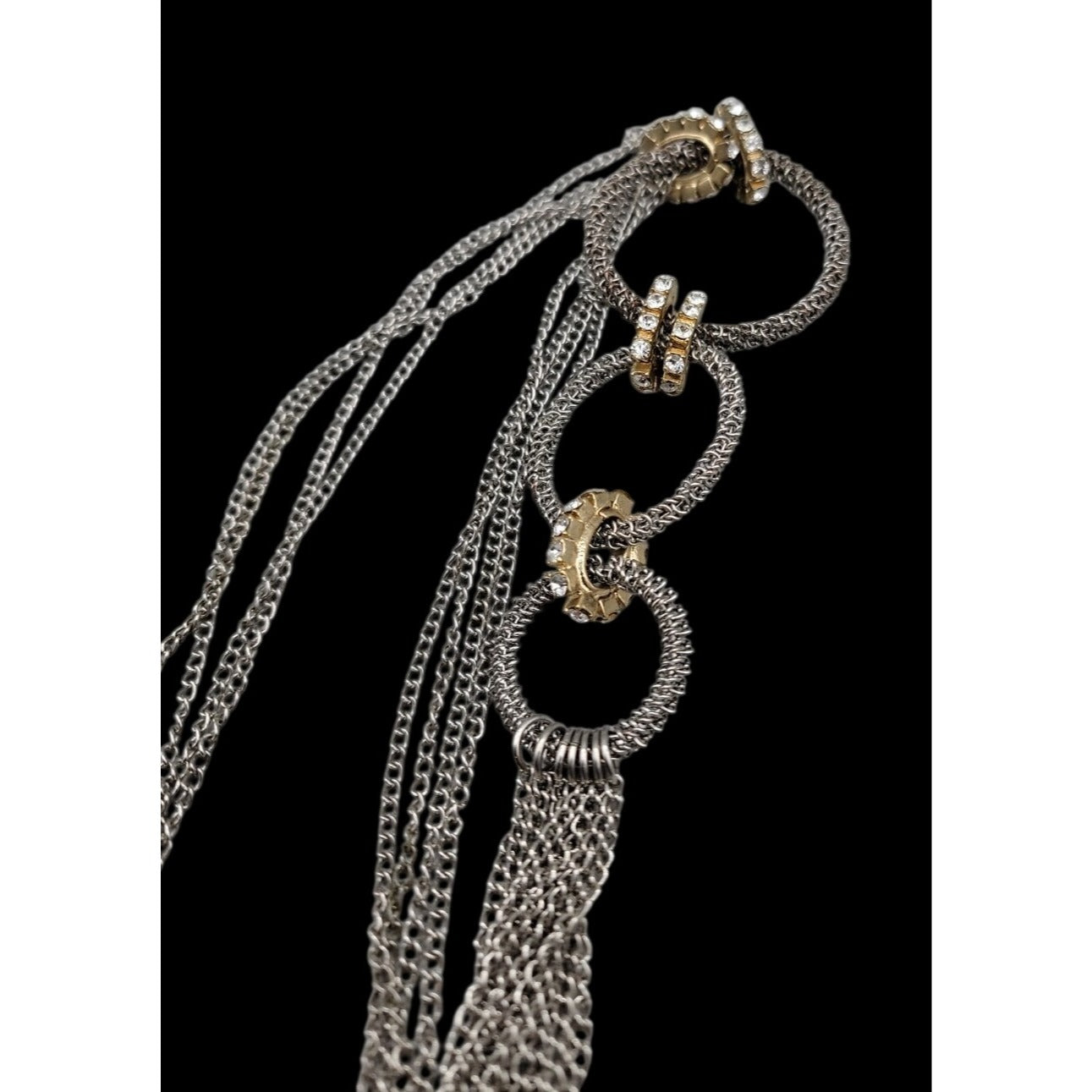 Traci Lynn Interlocking Ring Statement Tassel Necklace Silver Tone 24" Vintage