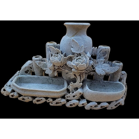 Antique Chinese Hand-Carved Soapstone Scholars Desk Tableau Brush Holder Inkwell