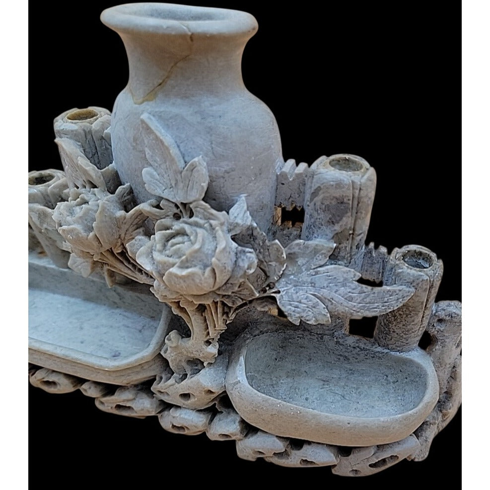 Antique Chinese Hand-Carved Soapstone Scholars Desk Tableau Brush Holder Inkwell
