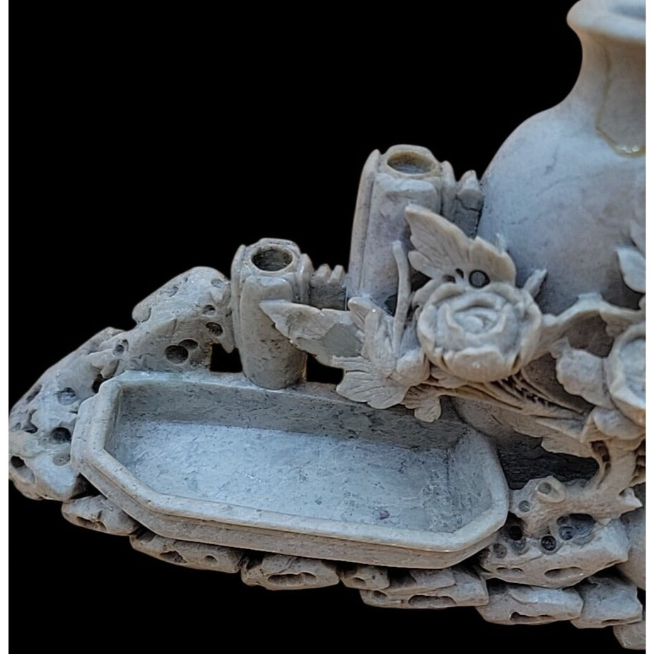 Antique Chinese Hand-Carved Soapstone Scholars Desk Tableau Brush Holder Inkwell