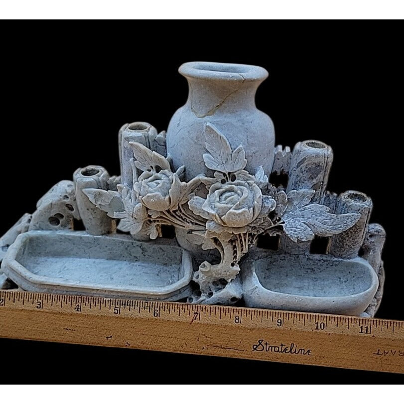 Antique Chinese Hand-Carved Soapstone Scholars Desk Tableau Brush Holder Inkwell