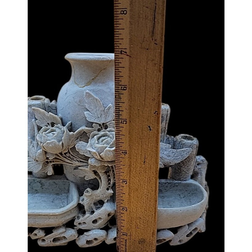Antique Chinese Hand-Carved Soapstone Scholars Desk Tableau Brush Holder Inkwell