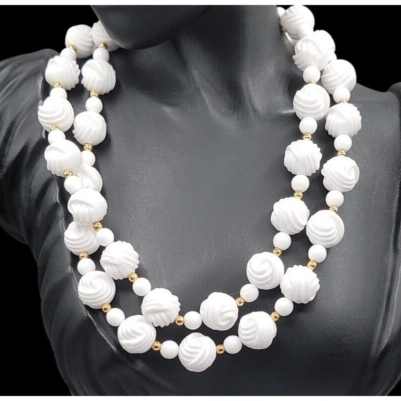 Vintage Carved White Lucite Bead Necklace 28" Gold Tone Spacers Hidden Clasp