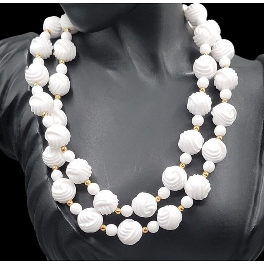 Vintage Carved White Lucite Bead Necklace 28" Gold Tone Spacers Hidden Clasp