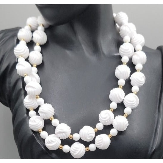 Vintage Carved White Lucite Bead Necklace 28" Gold Tone Spacers Hidden Clasp