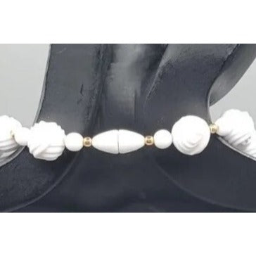 Vintage Carved White Lucite Bead Necklace 28" Gold Tone Spacers Hidden Clasp