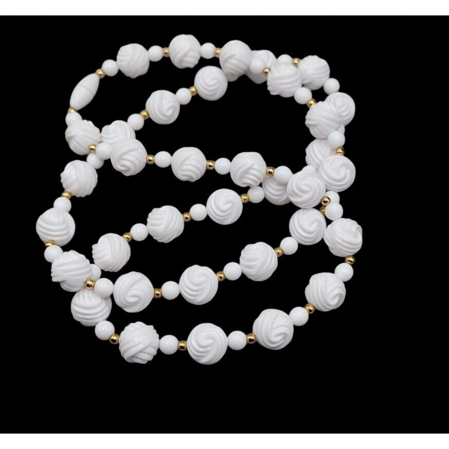 Vintage Carved White Lucite Bead Necklace 28" Gold Tone Spacers Hidden Clasp