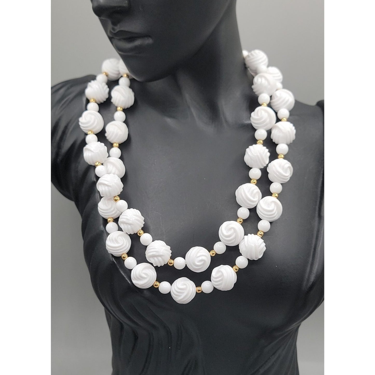 Vintage Carved White Lucite Bead Necklace 28" Gold Tone Spacers Hidden Clasp