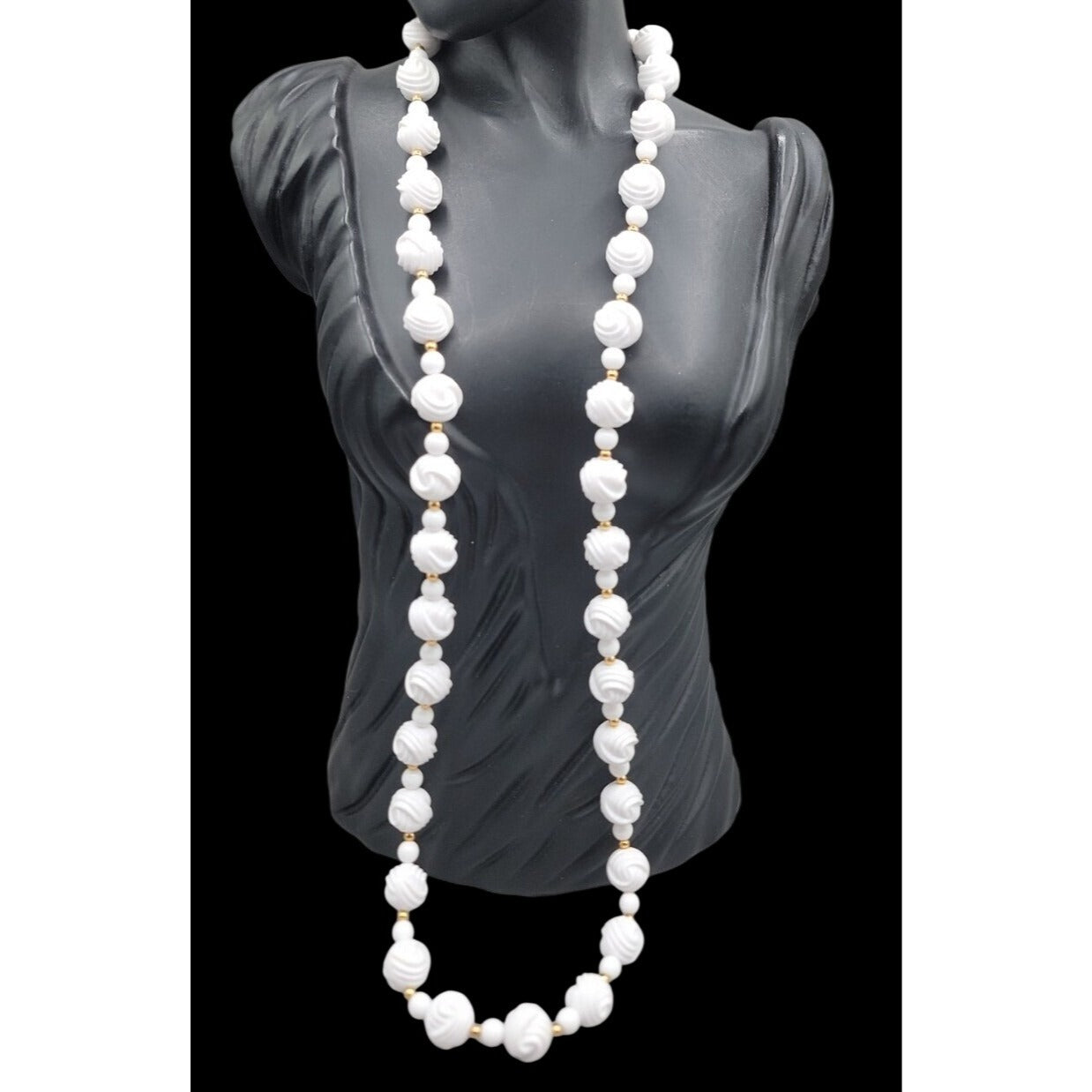 Vintage Carved White Lucite Bead Necklace 28" Gold Tone Spacers Hidden Clasp