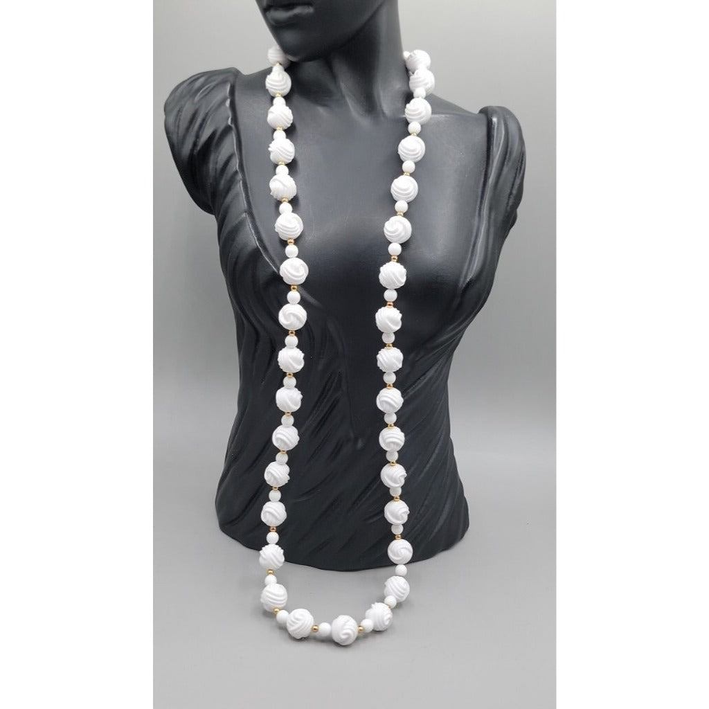 Vintage Carved White Lucite Bead Necklace 28" Gold Tone Spacers Hidden Clasp