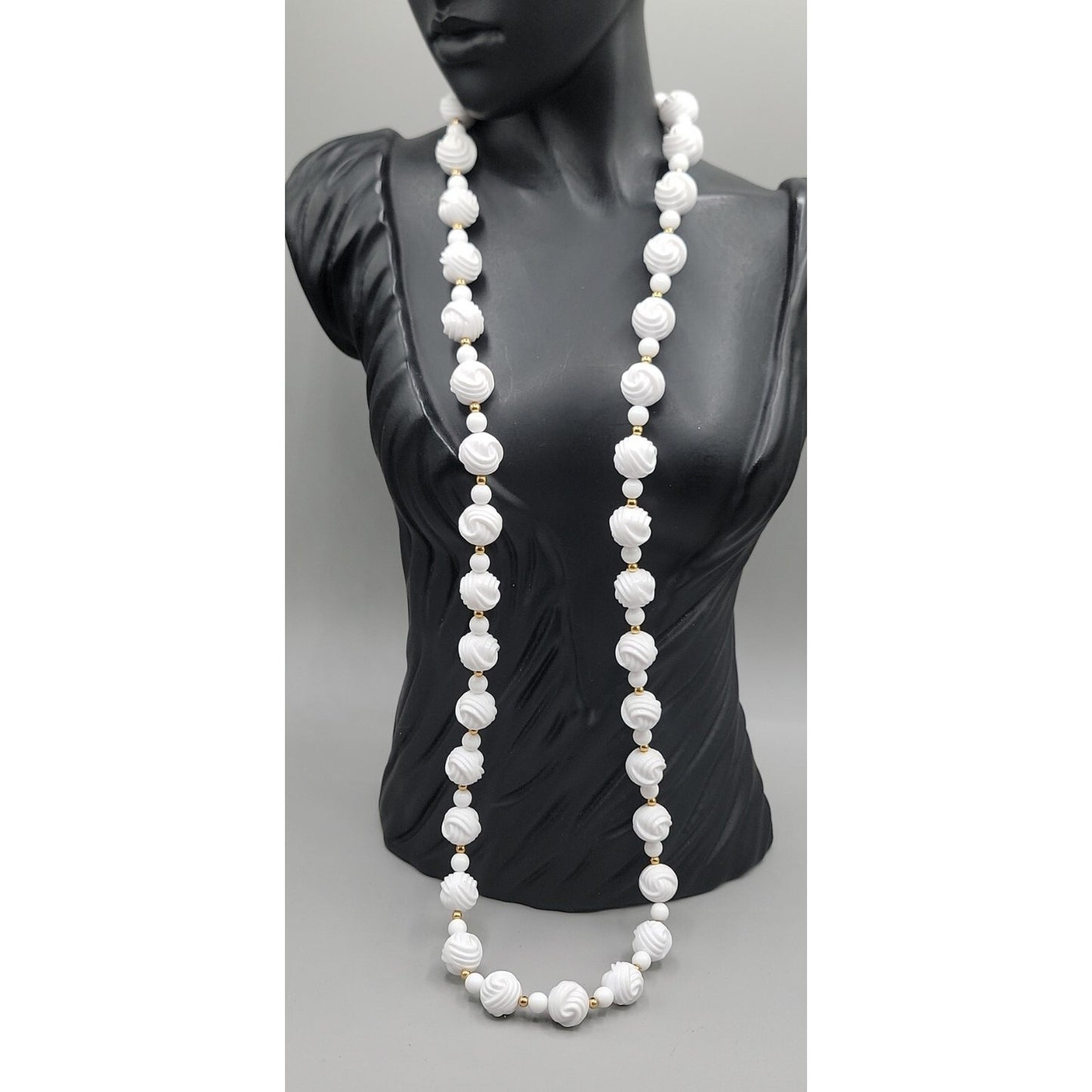 Vintage Carved White Lucite Bead Necklace 28" Gold Tone Spacers Hidden Clasp