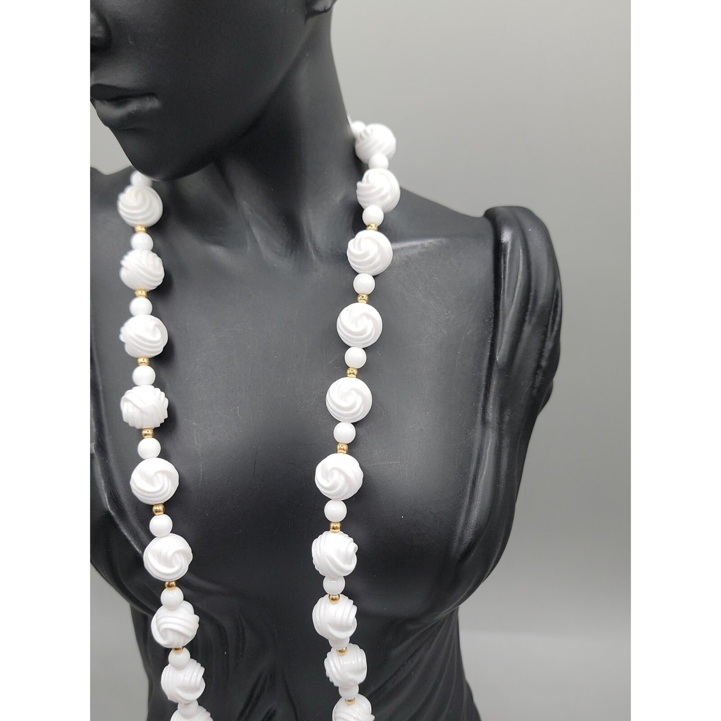 Vintage Carved White Lucite Bead Necklace 28" Gold Tone Spacers Hidden Clasp