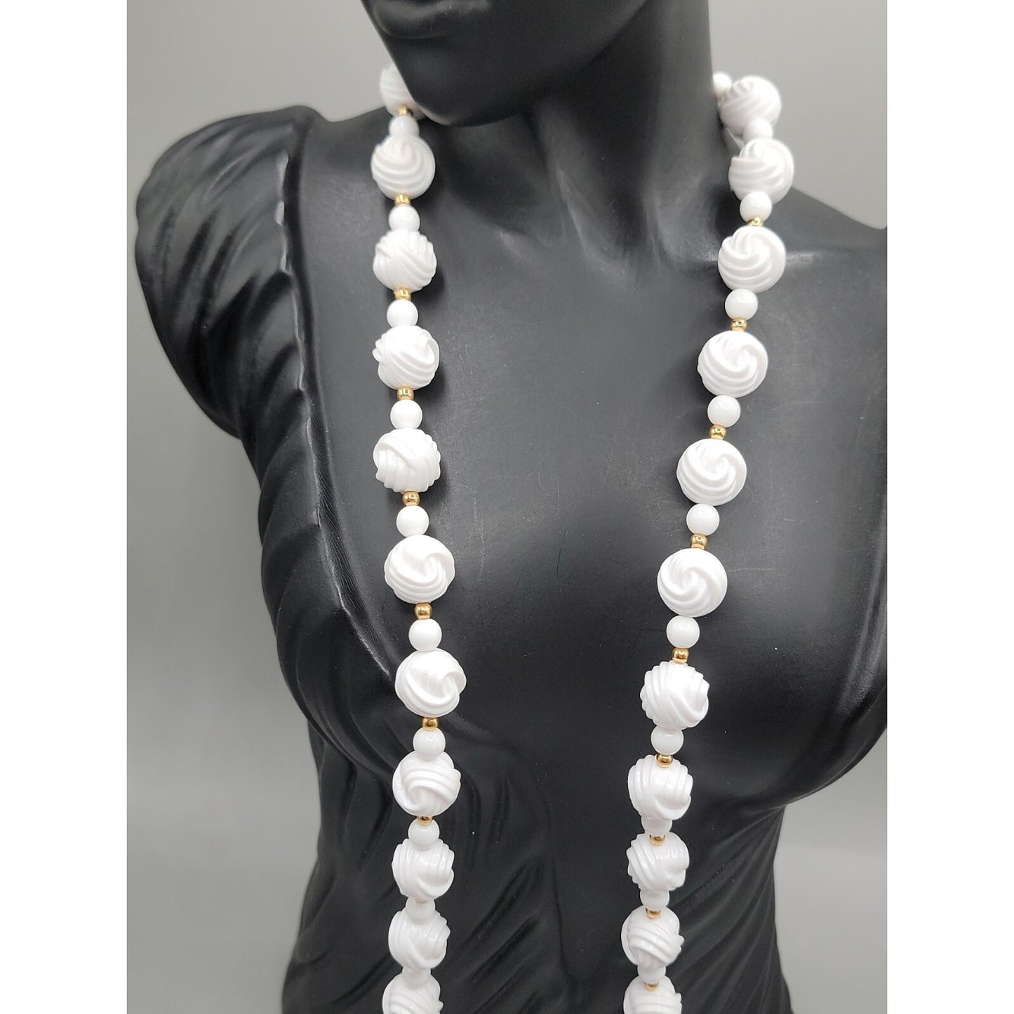 Vintage Carved White Lucite Bead Necklace 28" Gold Tone Spacers Hidden Clasp