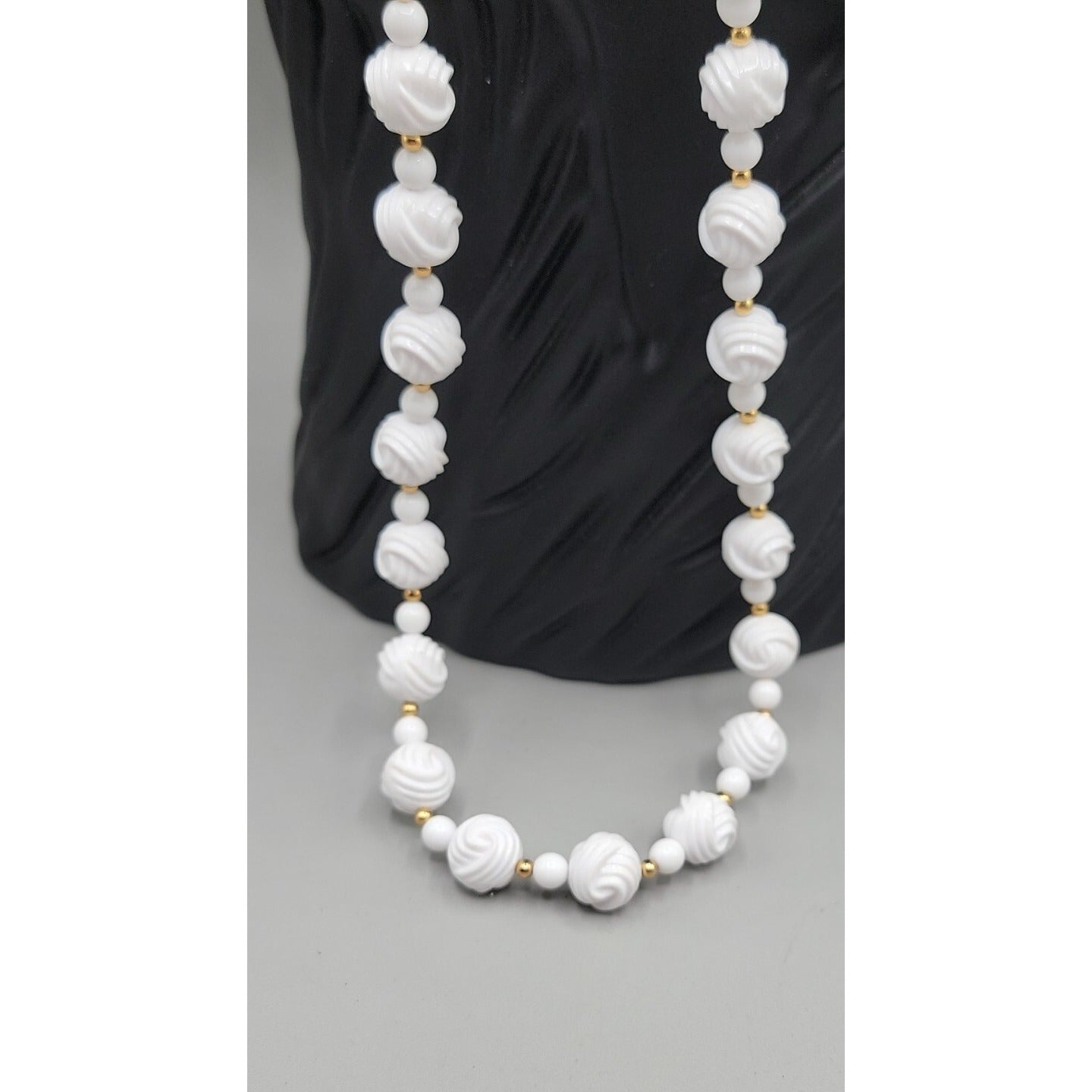Vintage Carved White Lucite Bead Necklace 28" Gold Tone Spacers Hidden Clasp