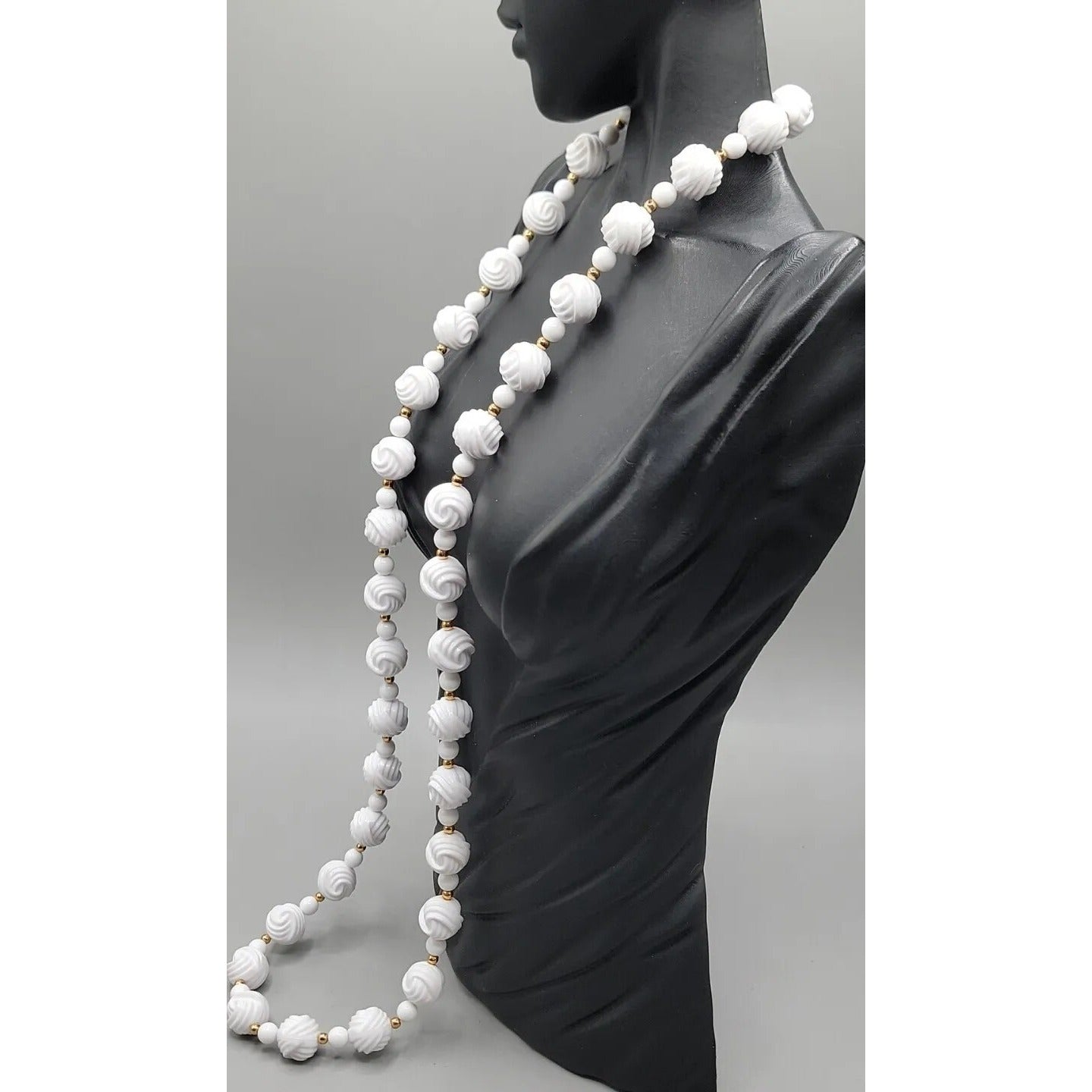 Vintage Carved White Lucite Bead Necklace 28" Gold Tone Spacers Hidden Clasp