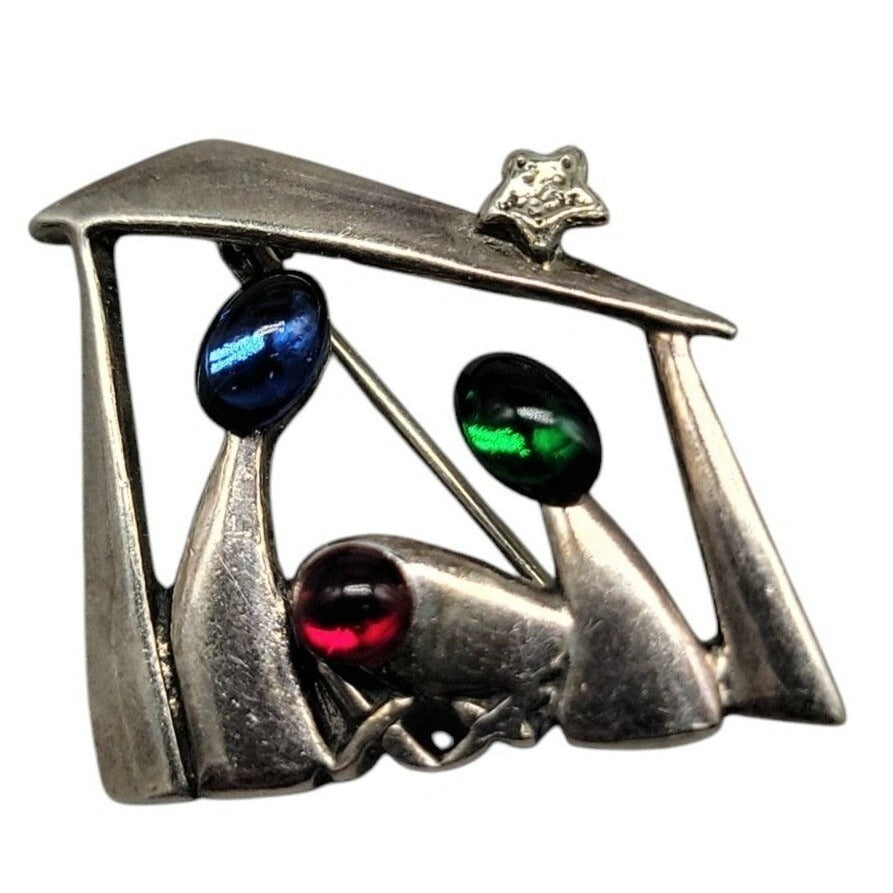Silpada Christmas Brooch Sterling Silver Nativity Red Green Blue Cabachons 925