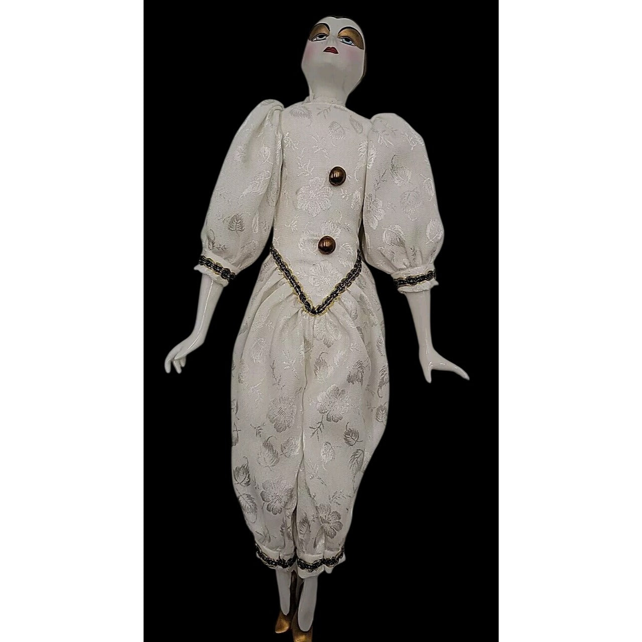 VTG Italian Harlequin Pierrot Porcelain Doll Collectors Gold White Clothes 14"