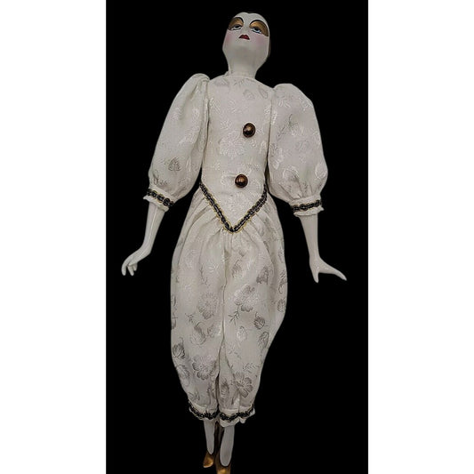 VTG Italian Harlequin Pierrot Porcelain Doll Collectors Gold White Clothes 14"