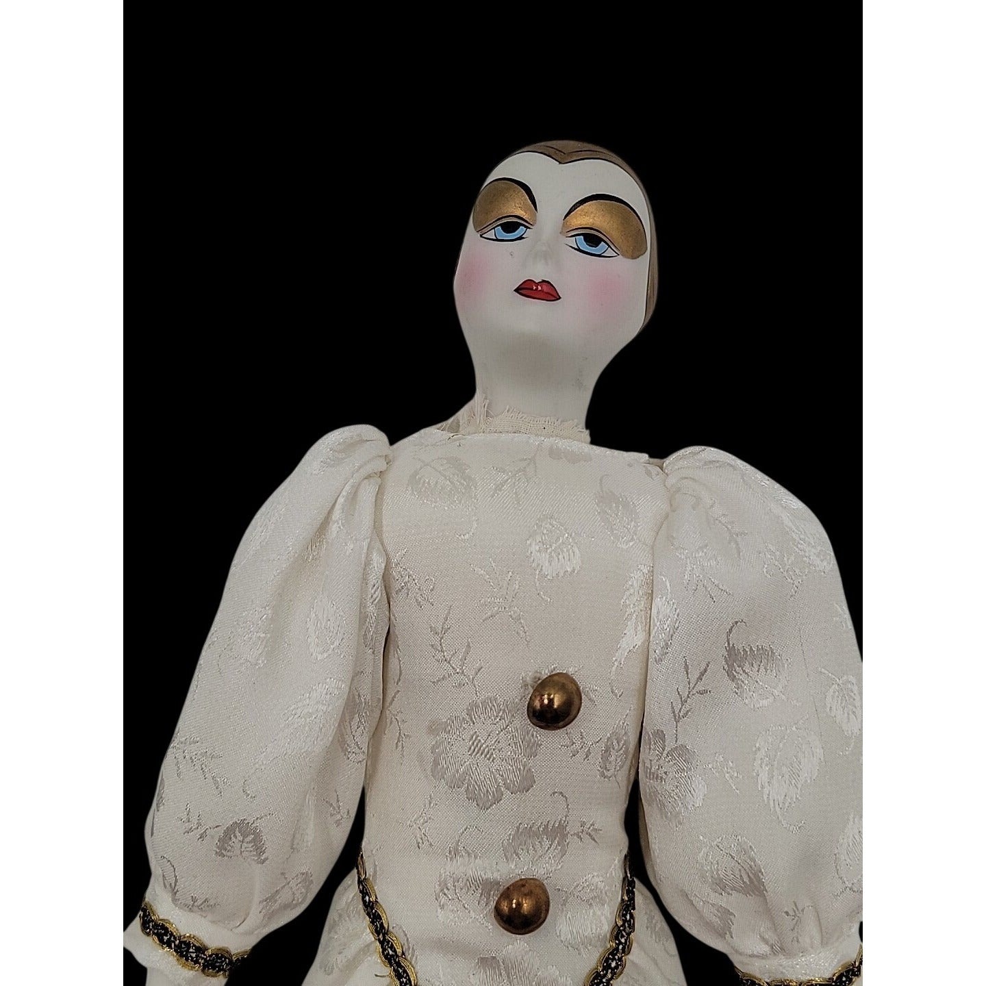 VTG Italian Harlequin Pierrot Porcelain Doll Collectors Gold White Clothes 14"