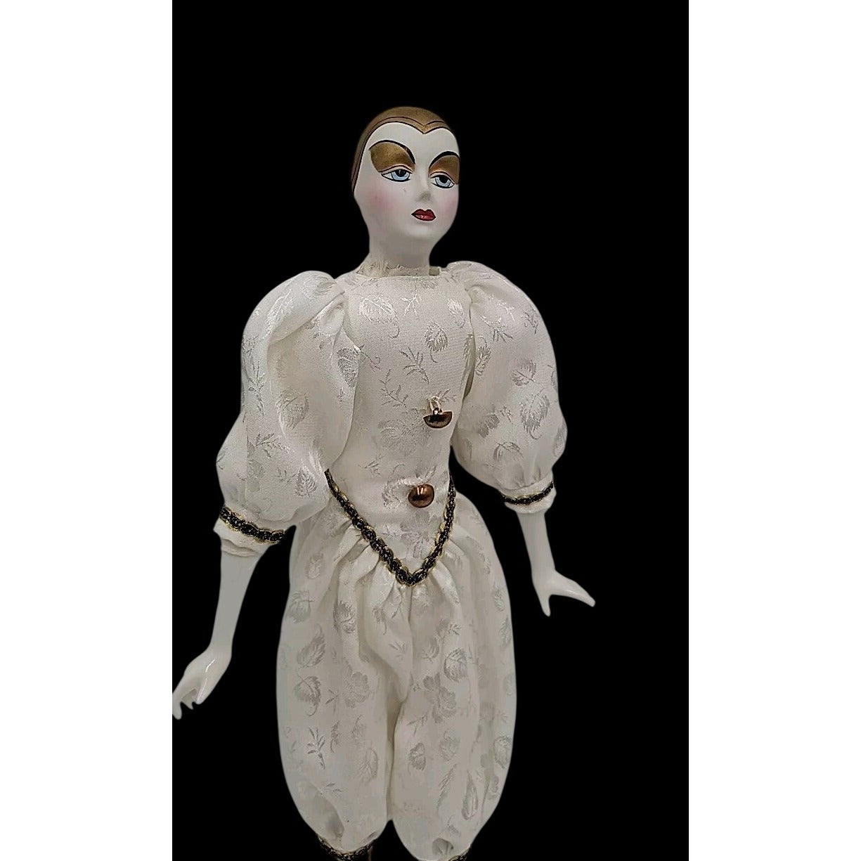 VTG Italian Harlequin Pierrot Porcelain Doll Collectors Gold White Clothes 14"