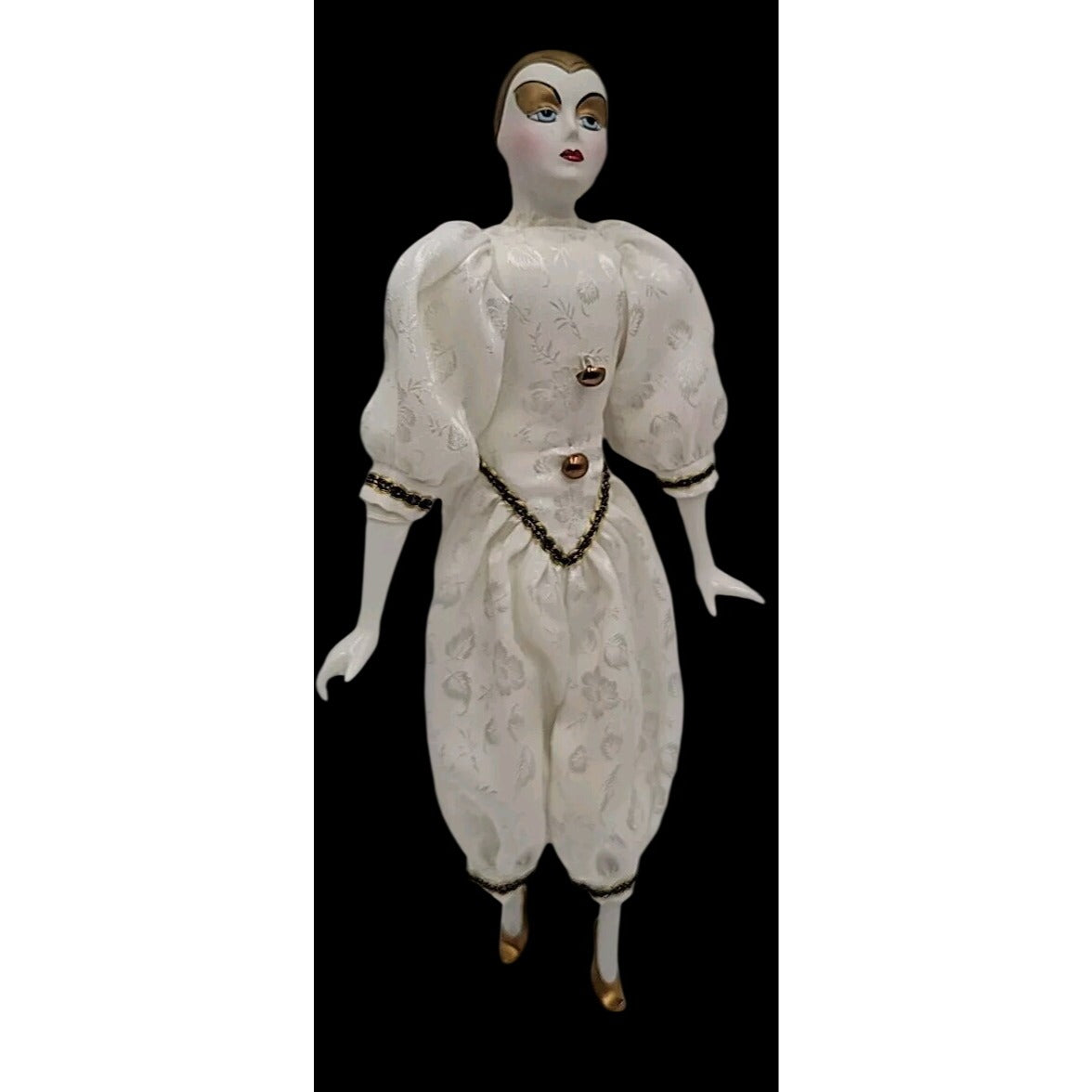VTG Italian Harlequin Pierrot Porcelain Doll Collectors Gold White Clothes 14"