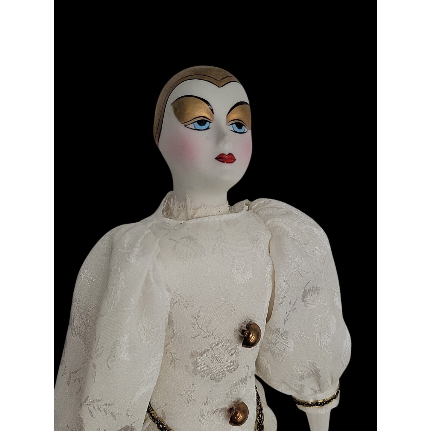 VTG Italian Harlequin Pierrot Porcelain Doll Collectors Gold White Clothes 14"