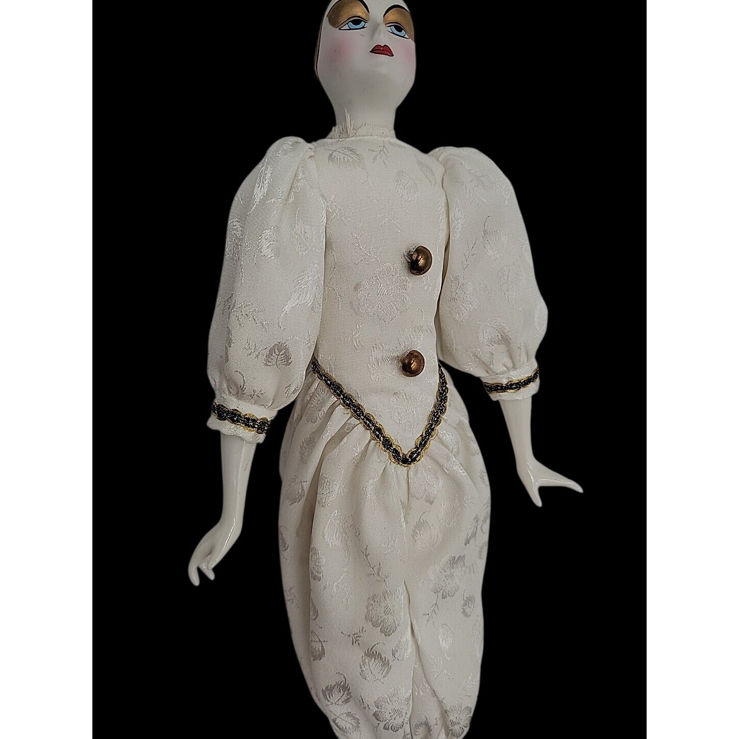 VTG Italian Harlequin Pierrot Porcelain Doll Collectors Gold White Clothes 14"