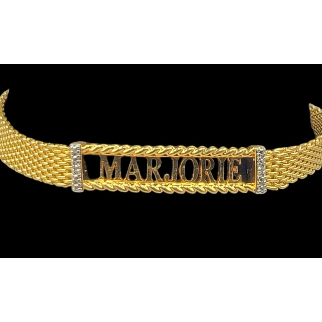 Danbury Mint Marjorie Name Bracelet 14k Gold Plated Two Diamond 7.5-8.5"