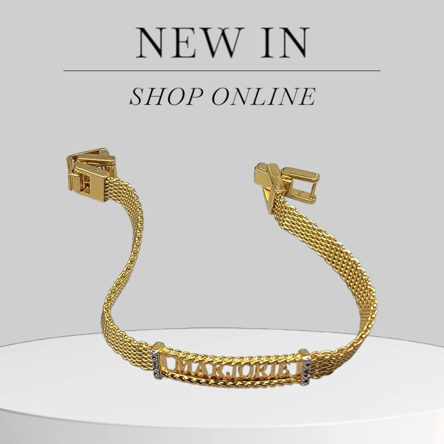 Danbury Mint Marjorie Name Bracelet 14k Gold Plated Two Diamond 7.5-8.5"