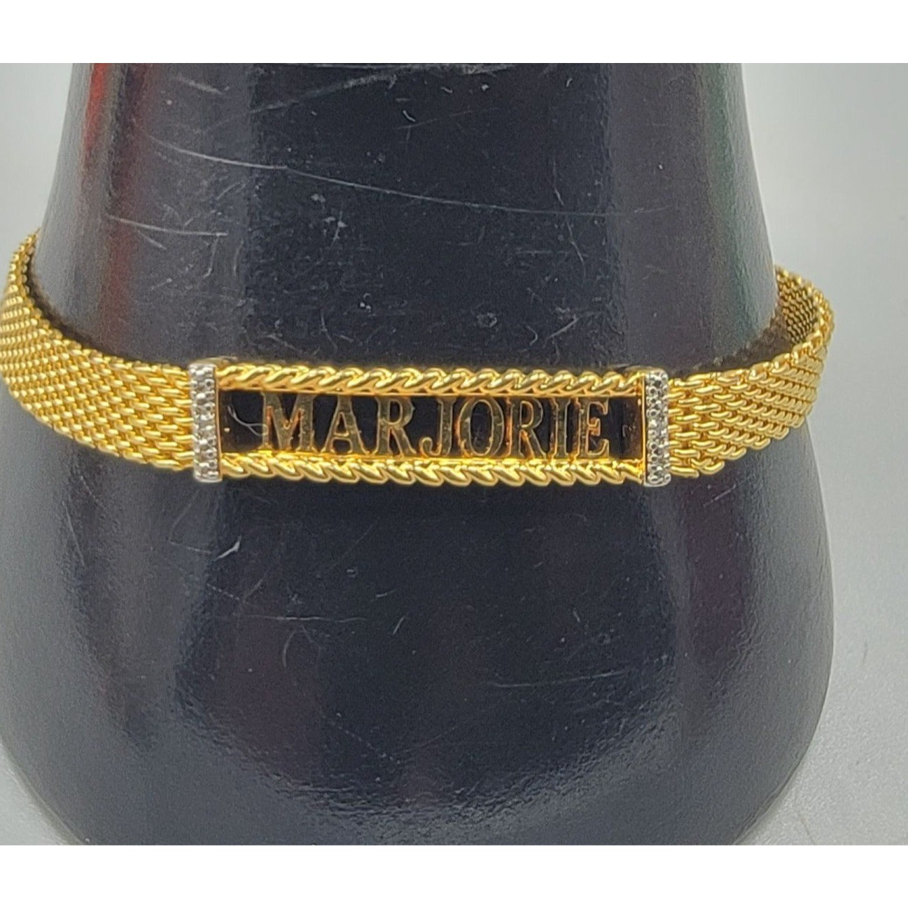 Danbury Mint Marjorie Name Bracelet 14k Gold Plated Two Diamond 7.5-8.5"