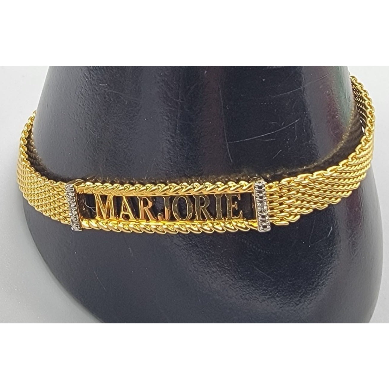 Danbury Mint Marjorie Name Bracelet 14k Gold Plated Two Diamond 7.5-8.5"