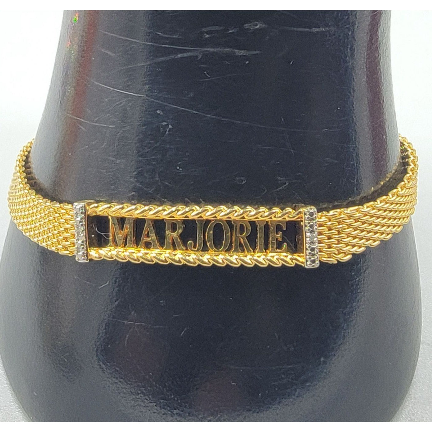 Danbury Mint Marjorie Name Bracelet 14k Gold Plated Two Diamond 7.5-8.5"