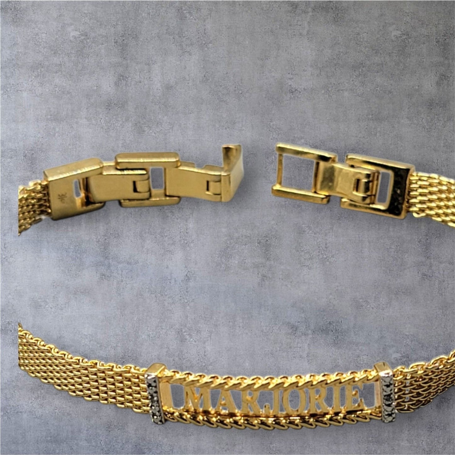 Danbury Mint Marjorie Name Bracelet 14k Gold Plated Two Diamond 7.5-8.5"