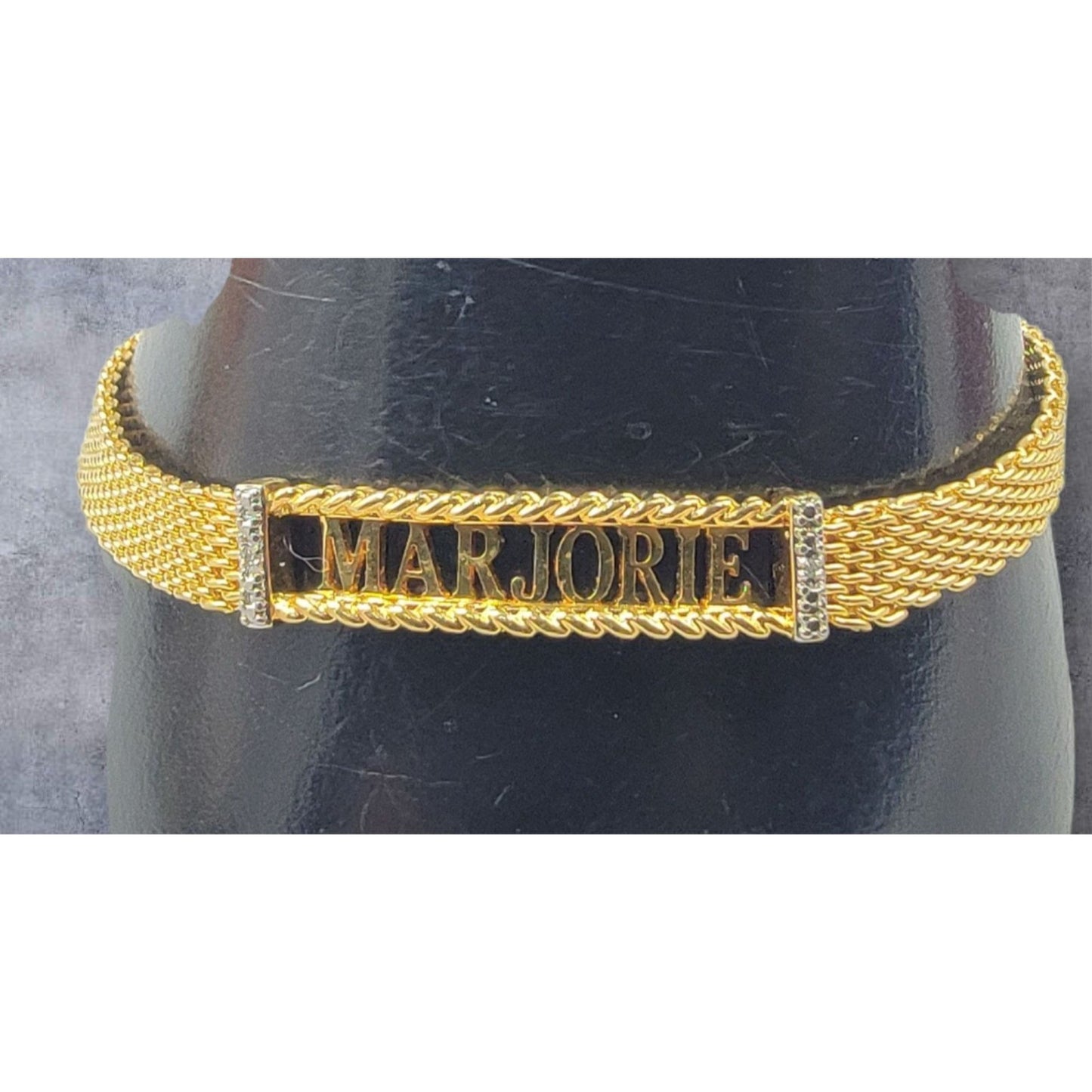 Danbury Mint Marjorie Name Bracelet 14k Gold Plated Two Diamond 7.5-8.5"