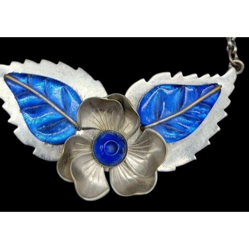 Vtg 1940s Carved Blue Lucite Floral Bib Necklace WWII Pot Metal Unsigned