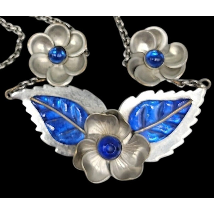 Vtg 1940s Carved Blue Lucite Floral Bib Necklace WWII Pot Metal Unsigned