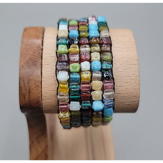 Multi Semi-Precious Gem Stone Glass Mosiac Stretch Bracelet Up To 8" Rough Cut