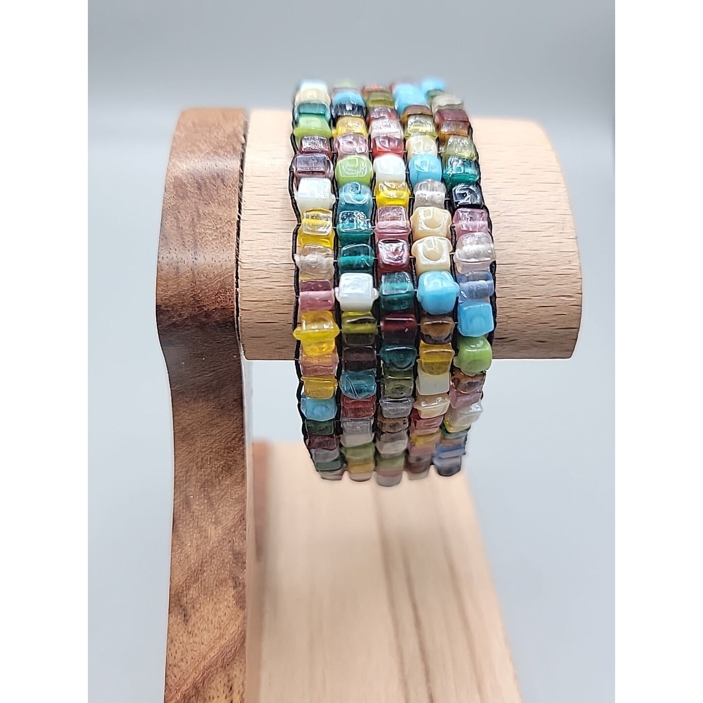 Multi Semi-Precious Gem Stone Glass Mosiac Stretch Bracelet Up To 8" Rough Cut