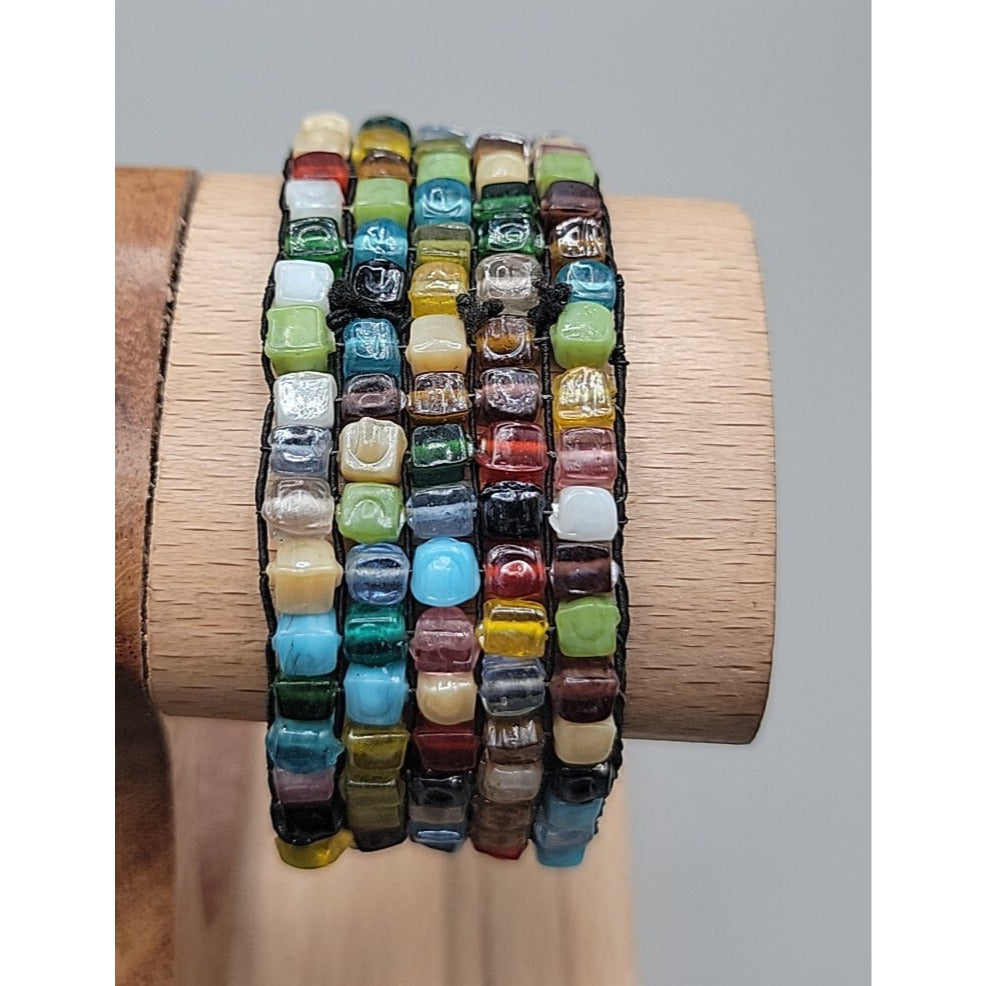 Multi Semi-Precious Gem Stone Glass Mosiac Stretch Bracelet Up To 8" Rough Cut