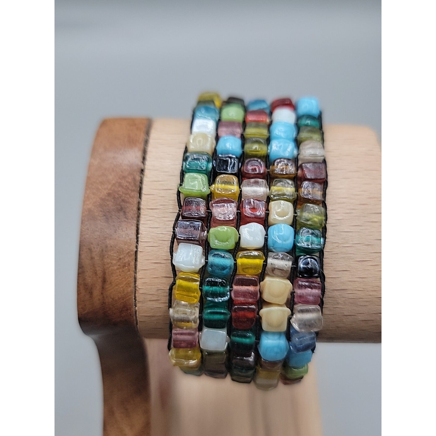 Multi Semi-Precious Gem Stone Glass Mosiac Stretch Bracelet Up To 8" Rough Cut