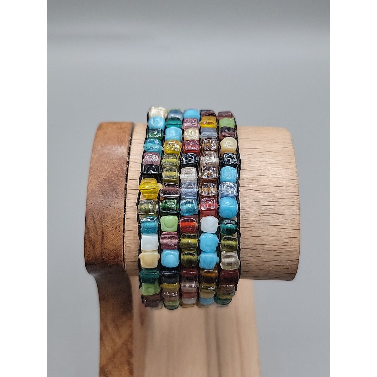 Multi Semi-Precious Gem Stone Glass Mosiac Stretch Bracelet Up To 8" Rough Cut