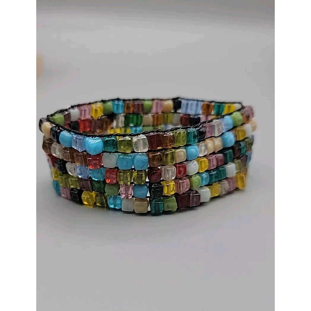 Multi Semi-Precious Gem Stone Glass Mosiac Stretch Bracelet Up To 8" Rough Cut
