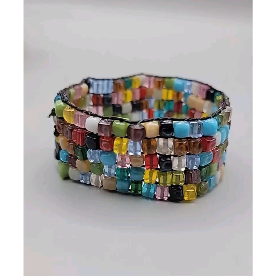 Multi Semi-Precious Gem Stone Glass Mosiac Stretch Bracelet Up To 8" Rough Cut